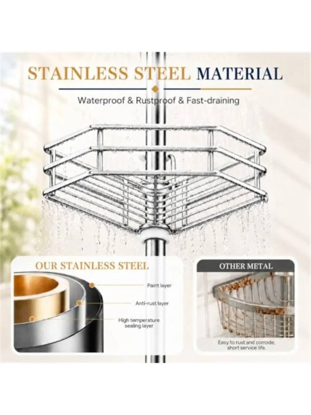 Rustproof Corner Shower Caddy Tension Pole for Bathroom Storage